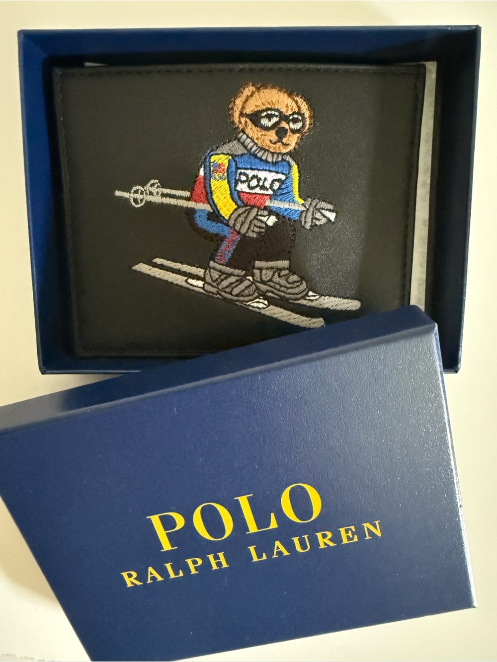 Polo Ralph Lauren Ski Bear Embroidered Leather Card Holder Black NWT Gift Box